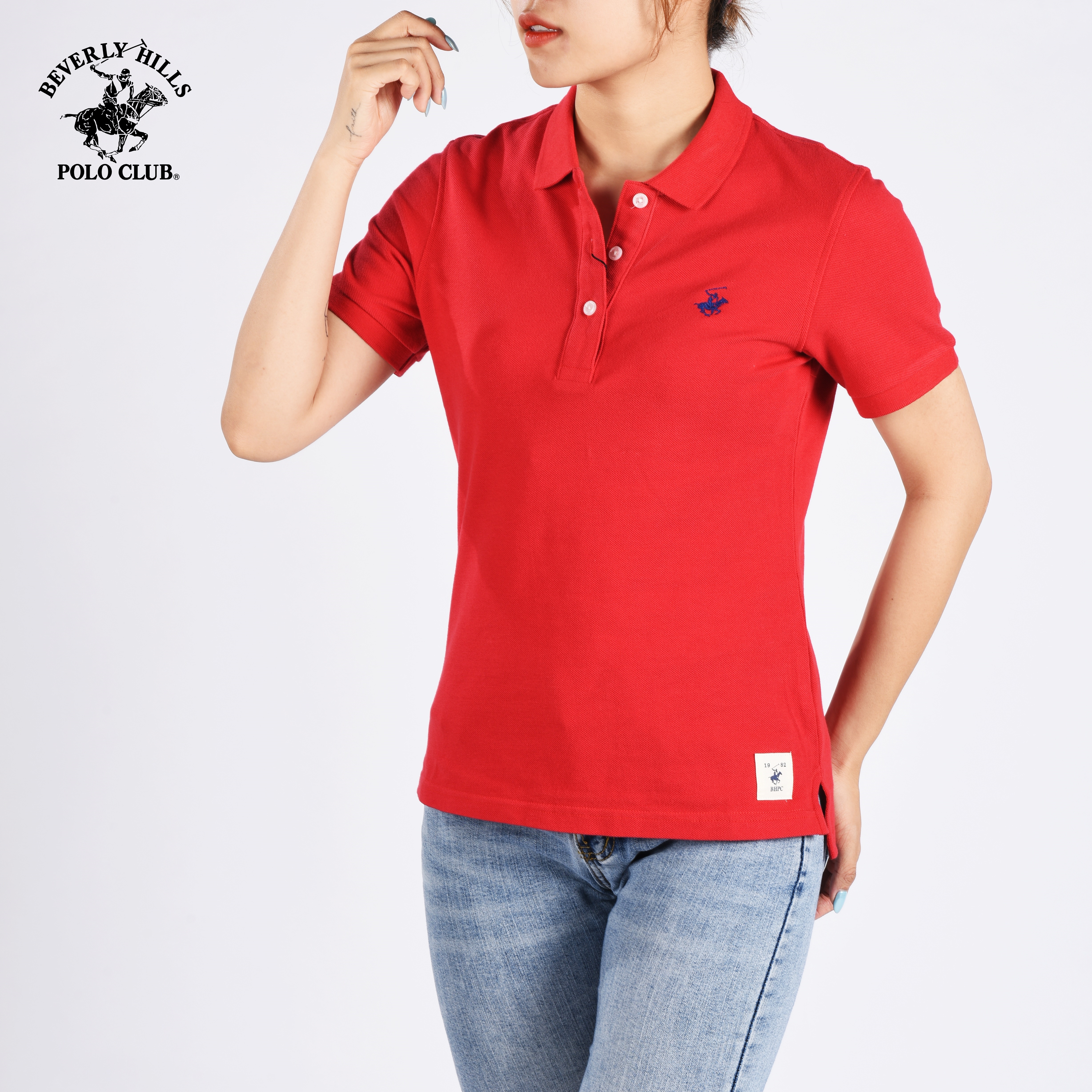 Áo polo ngắn tay nữ Beverly Hills Polo Club trendy cotton màu Đỏ đậm