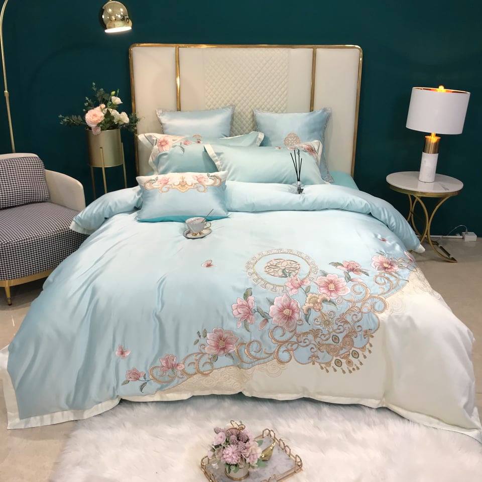 BỘ CHĂN GA GỐI LỤA SILK THÊU HOA HÔNG
