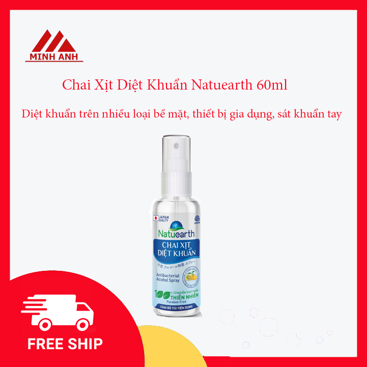 Chai Xịt Diệt Khuẩn Dùng Trong Gia Dụng Và Y Tế Natuearth Plus 60ml, Chai Xịt Khuẩn Bỏ Túi Tiện Dụng, Nước Rửa Tay Khô, Dung Dịch Khử Khuẩn, Bách hóa Minh Anh