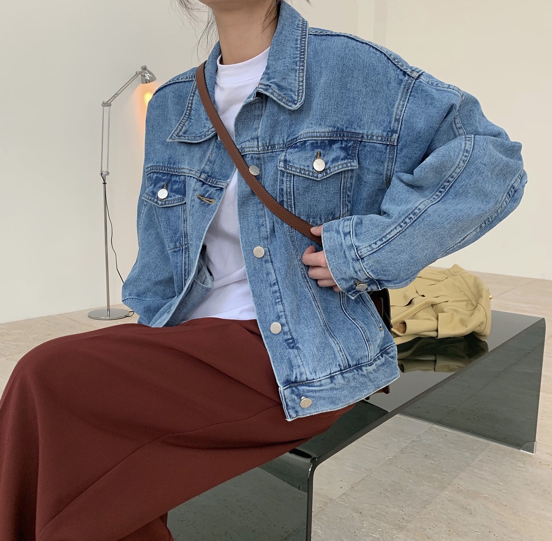 Áo khoác jean nữ big size xanh trơn Bảng nút Dịp Thường ngày Áo khoác denim nữ cao cấp