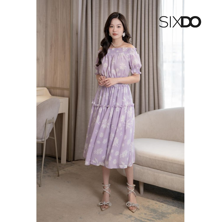 Đầm midi chiffon dáng xòe trễ vai chun eo thời trang SIXDO (Full Wine Midi Voile Floral Print Dress)