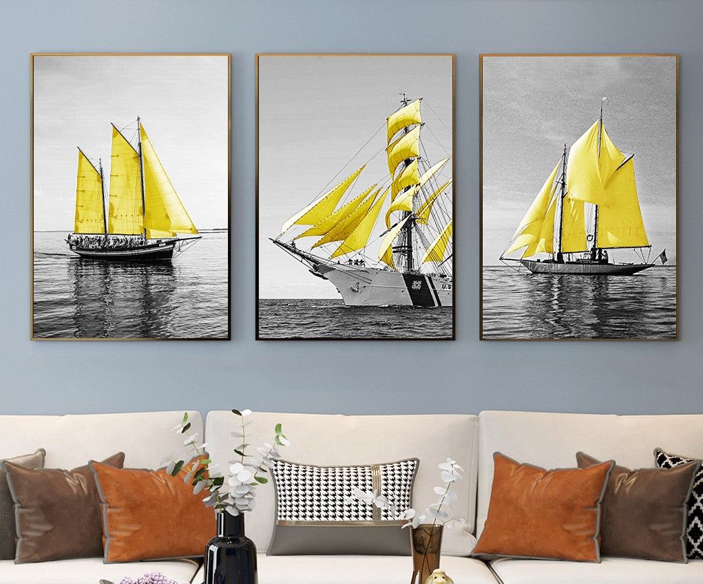 Tranh treo tường - Tranh Laminate tráng gương Thuận Buồm Xuôi Gió 01 - Bộ 3 tấm