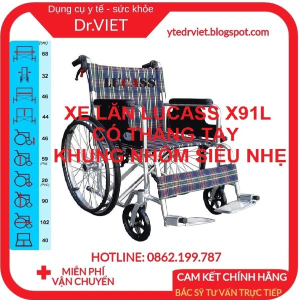 Xe lăn khung nhôm Lucass X91L (Tiêu chuẩn, có thắng tay)- Xe lăn cho người già, bệnh nhân, người khuyết tật di chuyển thuận tiện, Khung hợp kim nhôm siêu nhẹ, có gác chân nhôm,  Có tay thắng cho người đẩy,chính hãng bảo hành 12 tháng cao cấp