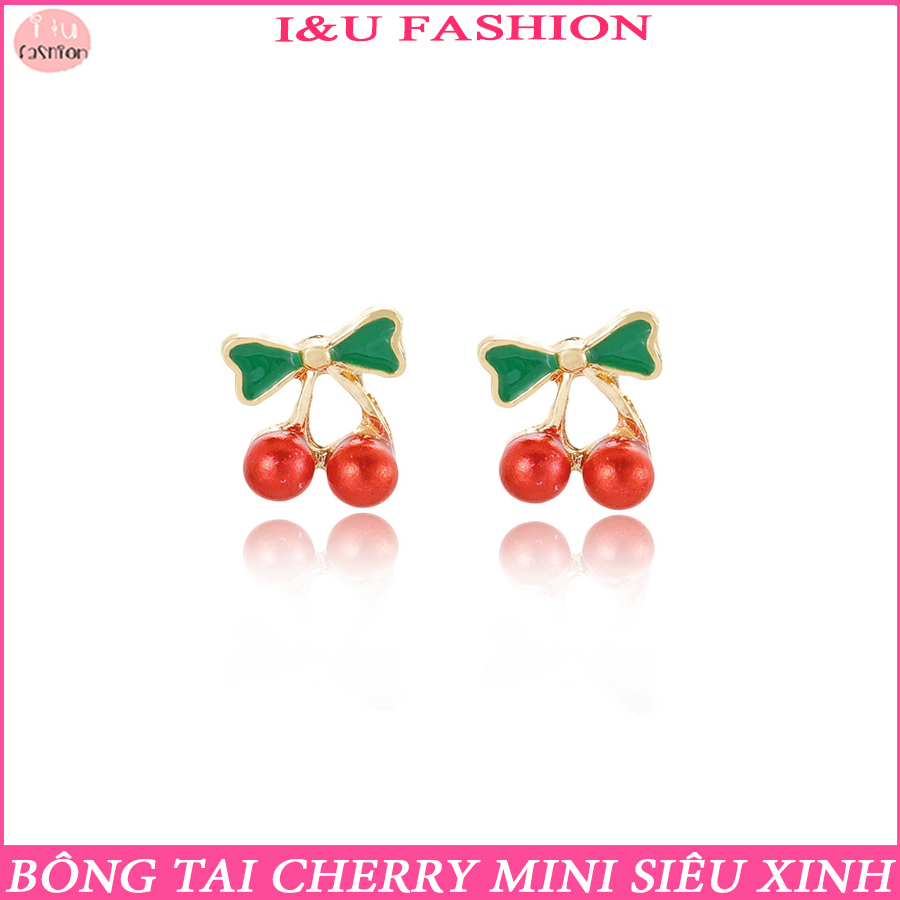 Khuyên tai bông tai nụ sát tai hình quả cherry mini gắn nơ xinh xắn dễ thương màu đỏ nổi bật dễ sử dụng tiện lợi cho nữ phong cách Hàn Quốc KT-35