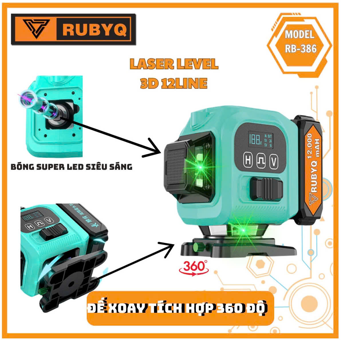 Máy cân bằng laser Bóng Super lep siêu sáng 12 tia xanh chính hãng RUBYQ CAO CẤP có đồng hồ hiện thi phần trăm pin
