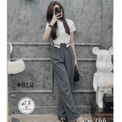Quần Nữ Dáng Suông Ống Rộng Lưng Cao Kẻ Viền Cạp Gấp Phong Cách Ulzzang, Quần ống rộng vải ruby cạp khoá lưng cao 1 cúc cạp viền bẻ