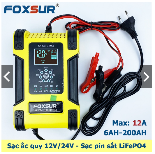 Sạc ắc quy 12V/12A- 24V/6A, 6Ah - 200Ah FOXSUR, sạc được nhiều loại ắcquy, tự ngắt khi đầy, có khử sunfat