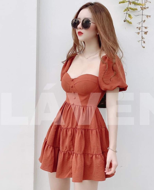 [HCM]Đầm tay phồng đính nút cổ vuông cực xinh