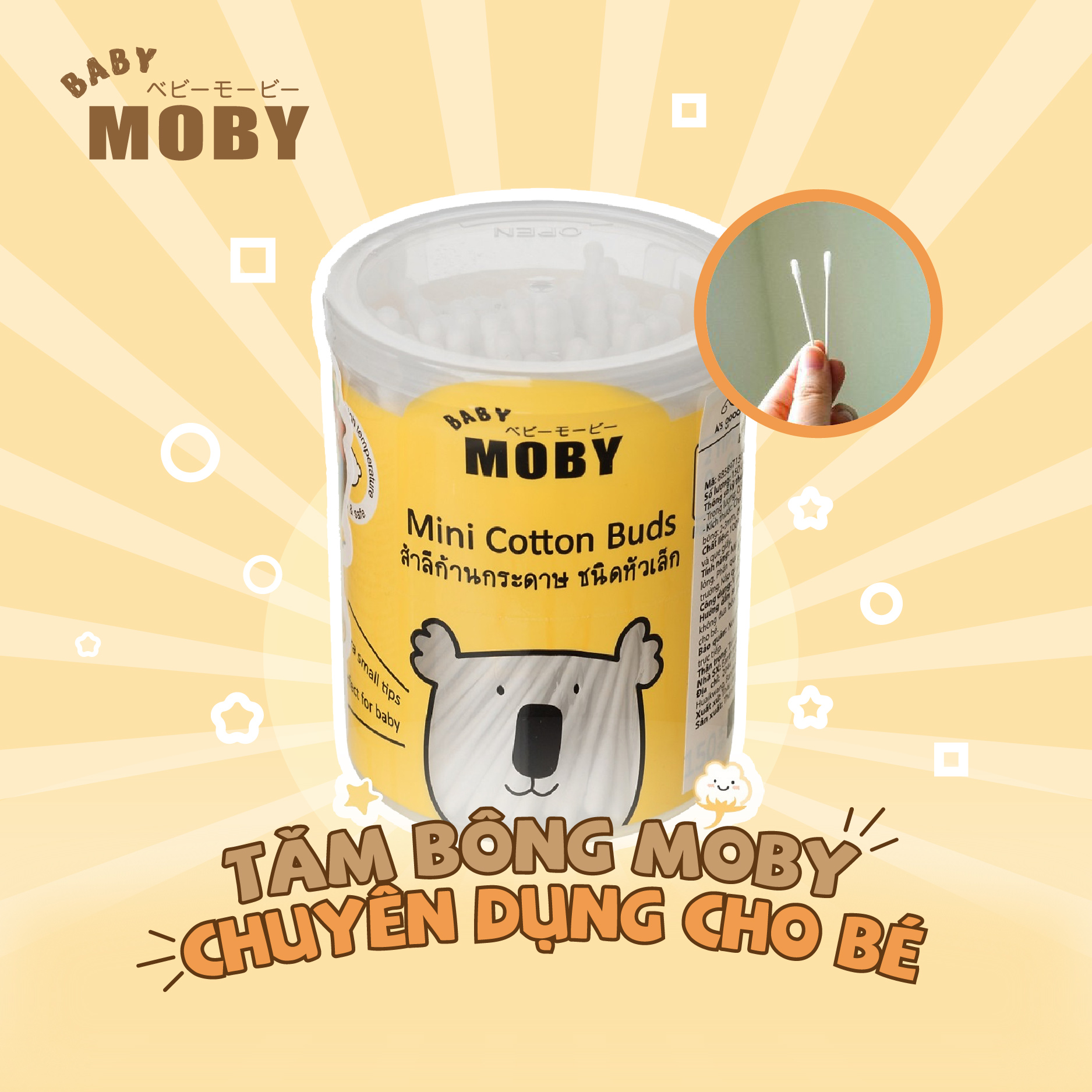 Tăm bông cỡ nhỏ Moby Baby Thái Lan (150 que/hộp)