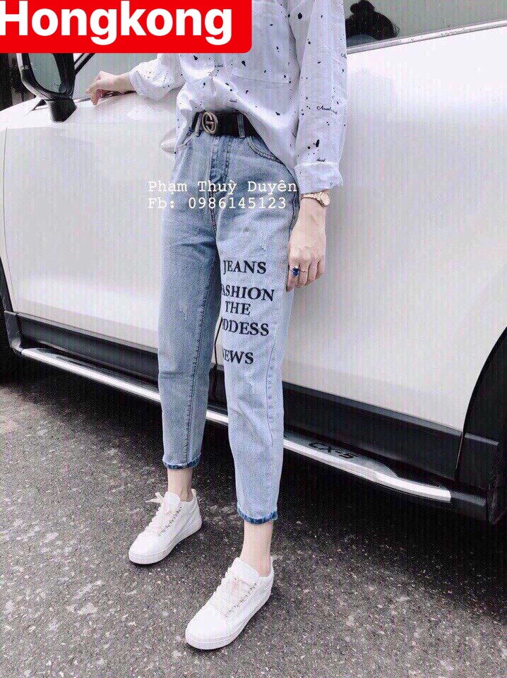 QUẦN JEAN BAGGY NỮ CHẤT BÒ XANH IN CHỮ KIỂU LƯNG CAO NÂNG MÔNG DB-05 - HONG KONG FASHION