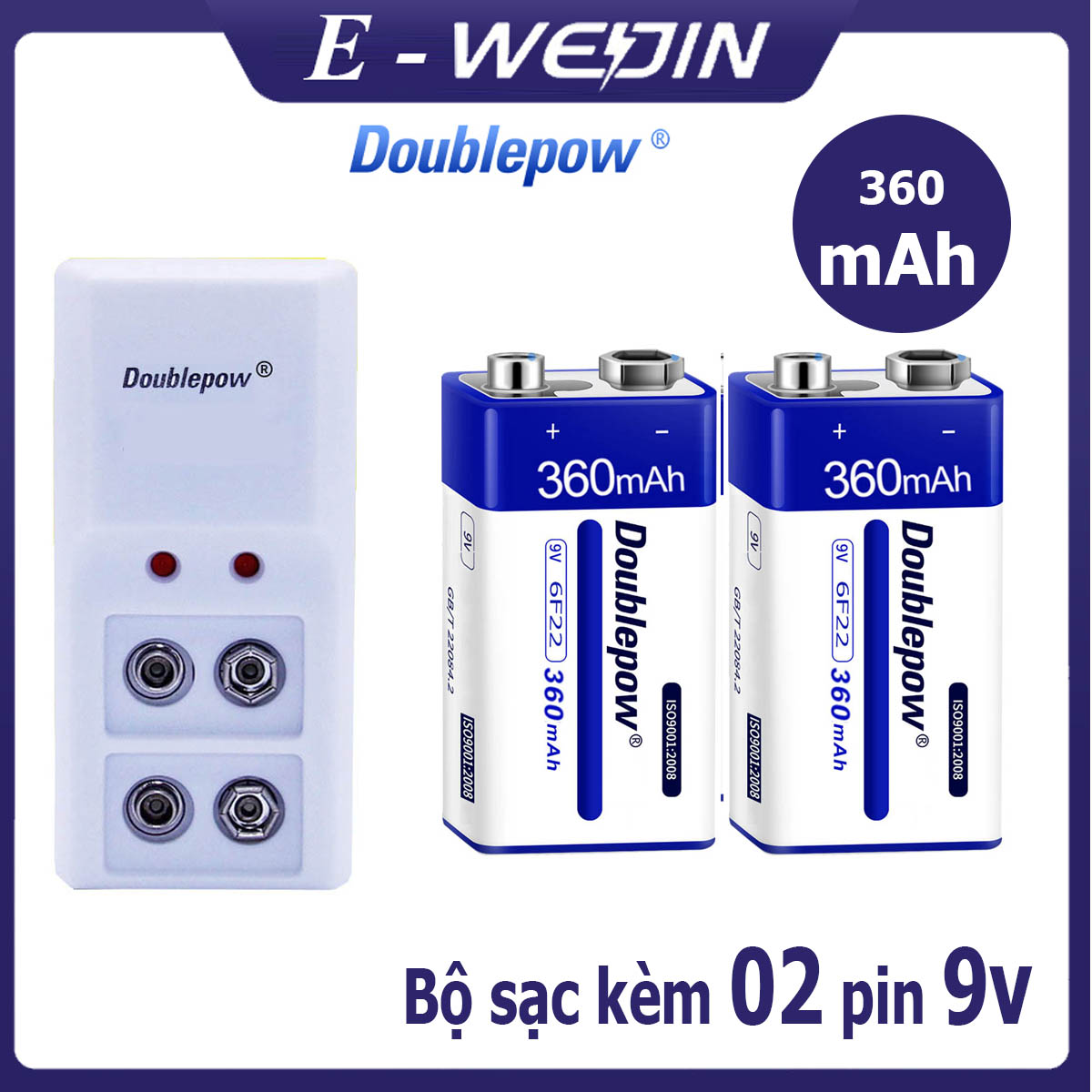 Bộ sạc pin 9v doublepow dp-b09 và 02 viên pin vuông sạc lại 9v 360mah