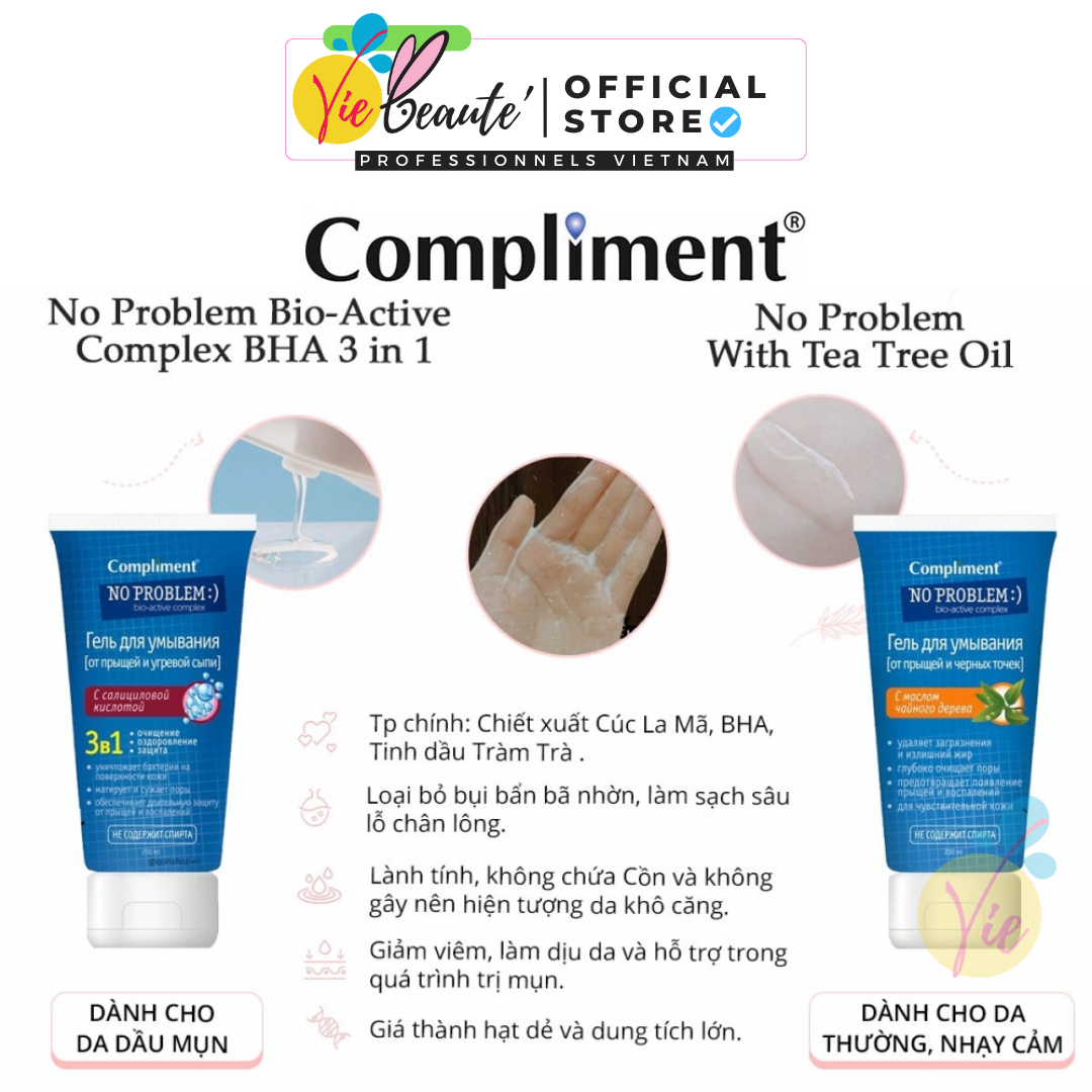 Sữa rửa mặt Compliment No Problem BHA & Tea Tree làm sạch sâu, giảm dầu, mụn 200ml