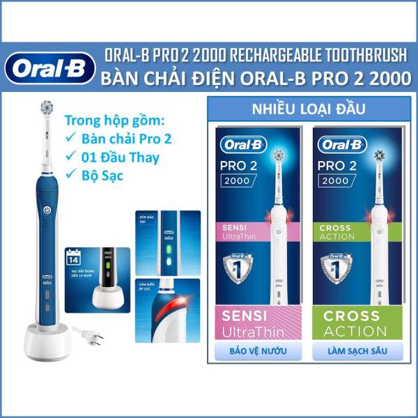 Bàn Chải Điện Oral-B Pro 2 2000 - Cross Action (Sạch sâu) và Sensi Ultrathin (Bảo vệ nướu) cao cấp