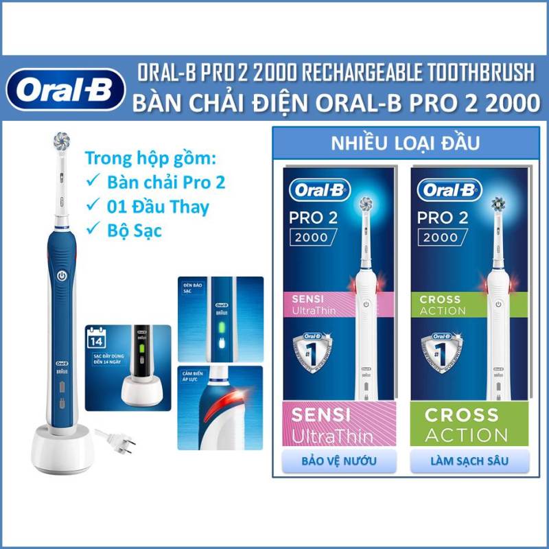 Bàn Chải Điện Oral-B Pro 2 2000 - Cross Action (Sạch sâu) và Sensi Ultrathin (Bảo vệ nướu)