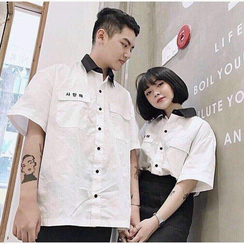 [HCM][Mẫu Mới 2021-Freeship] Áo sơmi lụa túi nắp in chữ Hàn TP