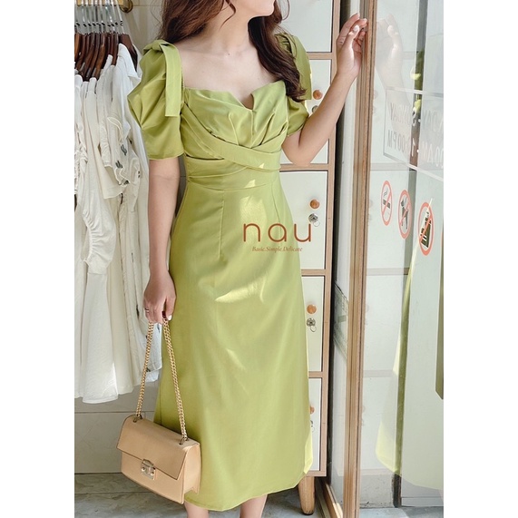 Đầm midi Xanh - Trắng chéo eo nơ vai
