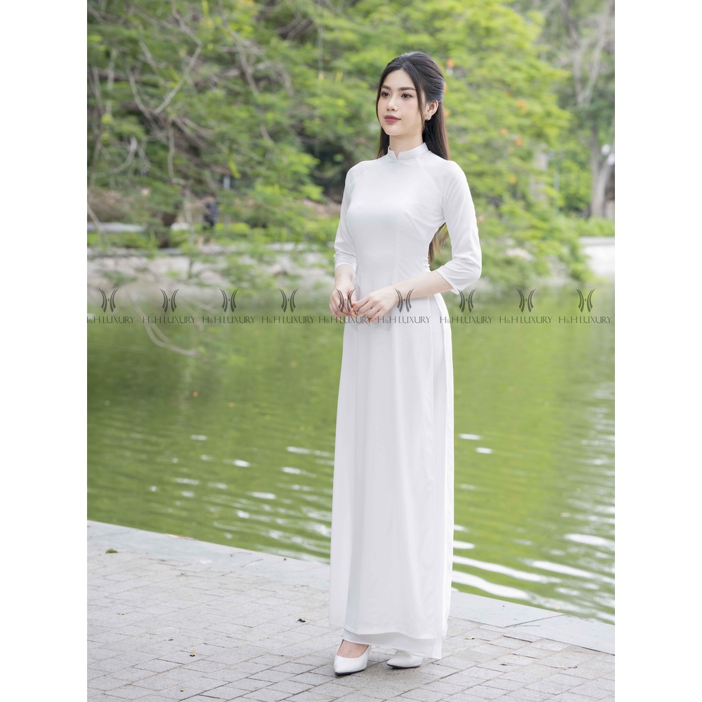 Áo dài trắng truyền thống nữ học sinh đi học cấp 3 thiết kế may sẵn 2 tà kiểu cổ cao 2cm chữ V giá rẻ vải lụa Tây Thi co giãn cao cấp mặc kỷ yếu chụp ảnh đẹp