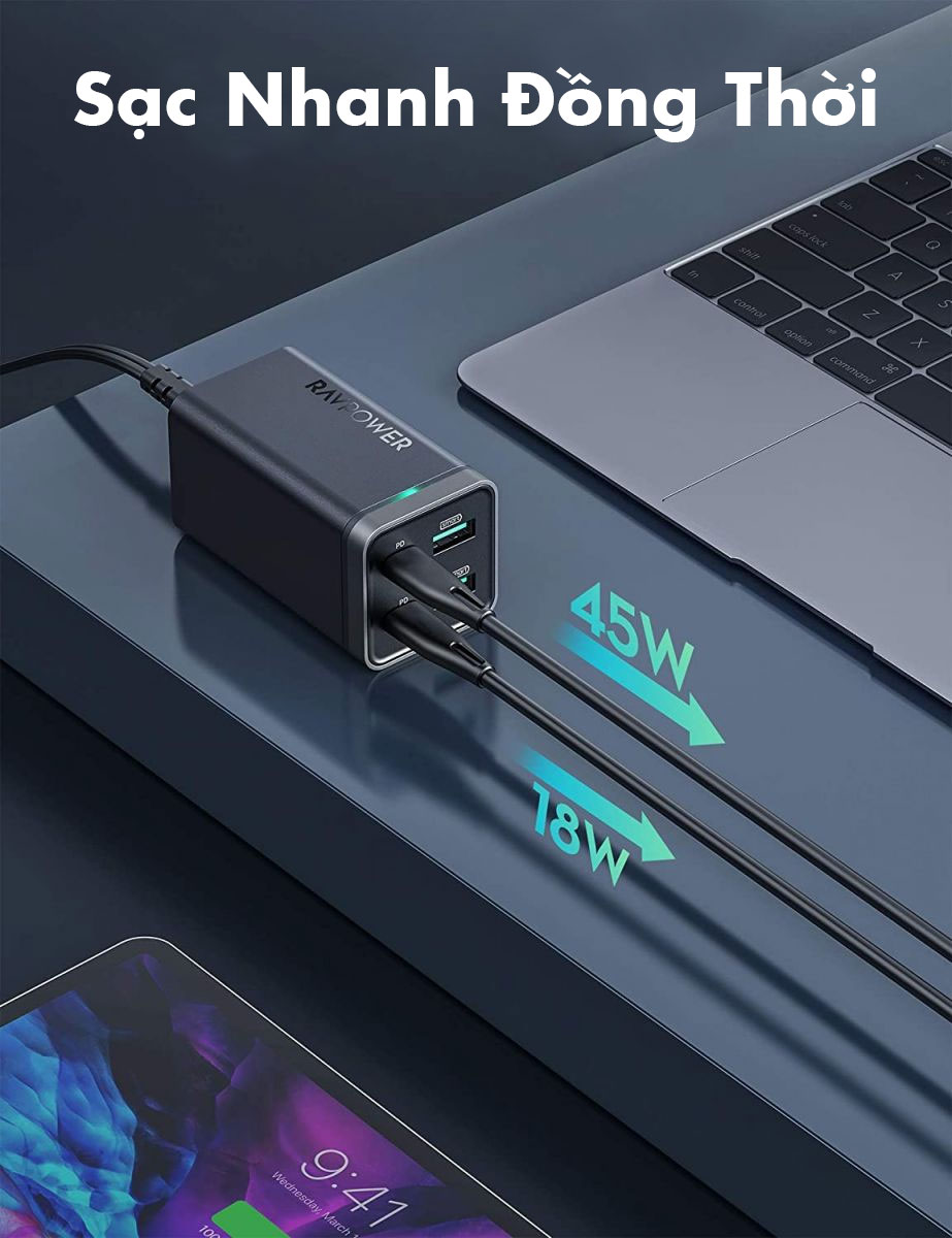 Củ sạc nhanh RAVPower RP-PC136 65W GaN Tech PD 3.0 QC 3.0