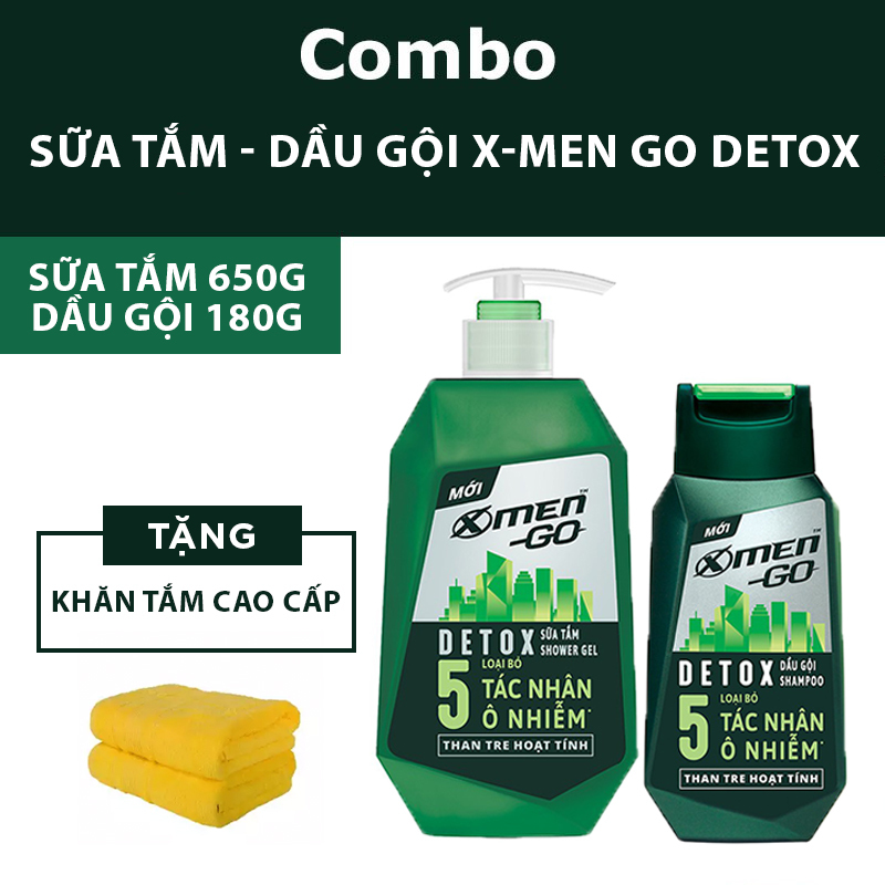 Combo Sữa tắm X-Men Go Detox 650g + Dầu gội X-Men Go Detox 180g (Tặng khăn tắm cao cấp trị giá 80k)