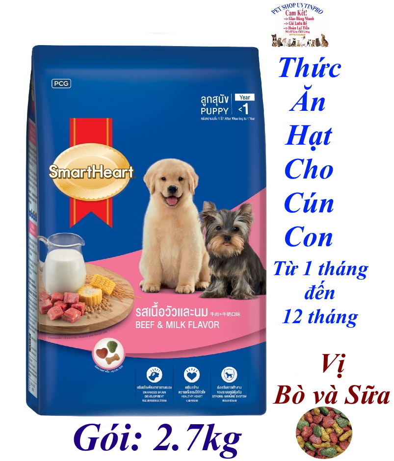 Thức ăn hạt cho Chó con Smartheart Puppy Beef & Milk Flavor Gói 2.7kg Hương vị bò và sữa Bổ sung dinh dưỡng hoàn chỉnh