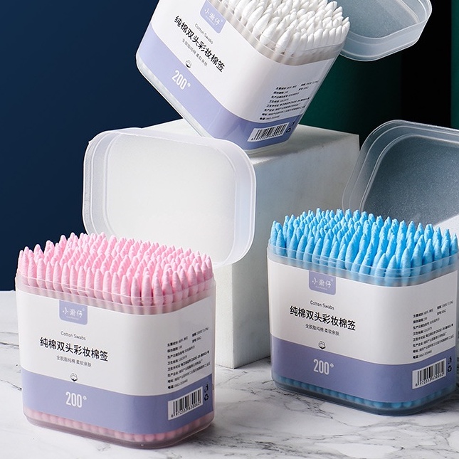 Hộp Tăm Bông 2 Đầu - Mỗi hộp 200 Cái Siêuu To Dùng Cả Năm Không Hết ạ Cotton Tiệt Trùng Chất