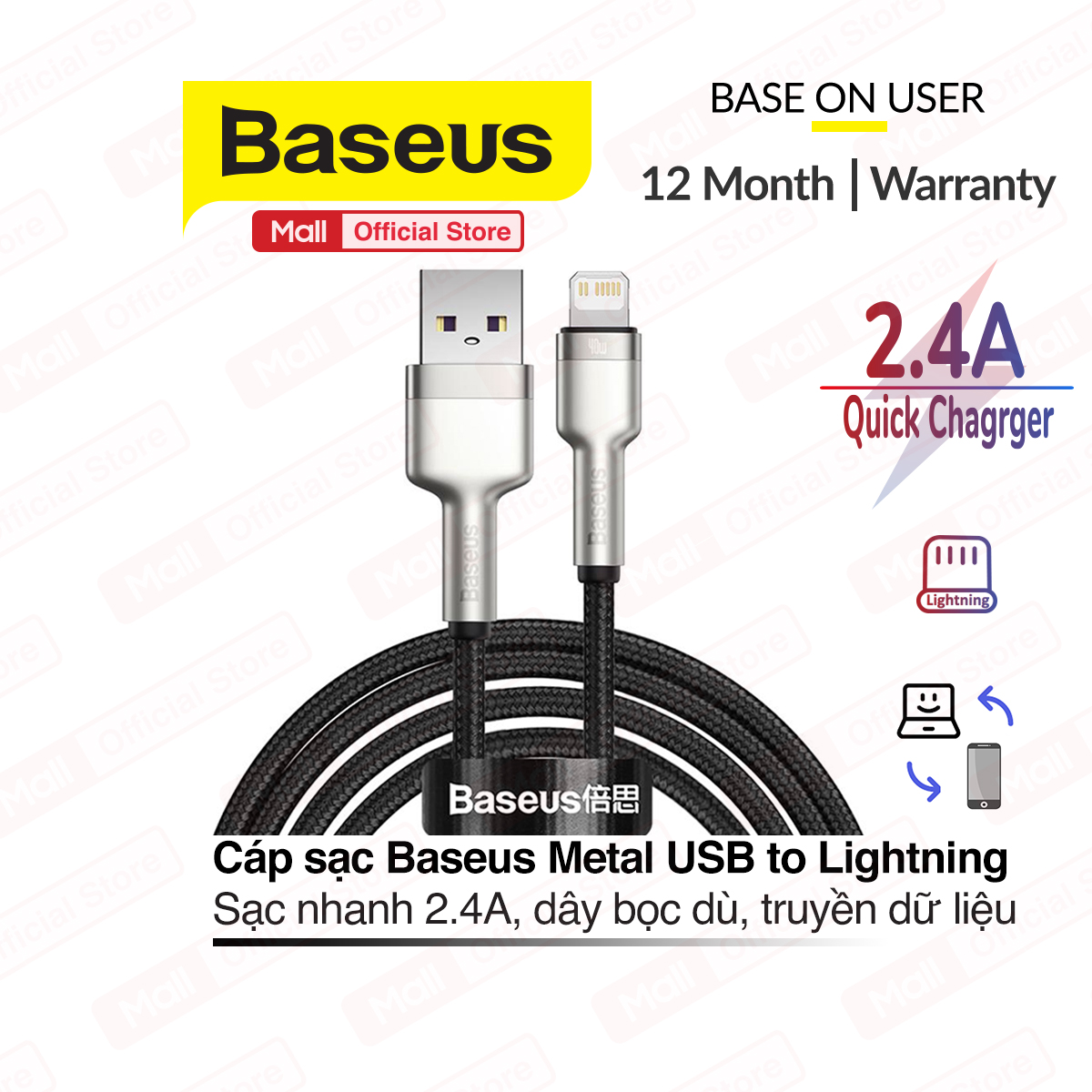 Cáp sạc Baseus Metal Data Cable USB to Lightning sạc nhanh 2.4A hỗ trợ truyền dữ liệu 480Mbps dây bọc dù chống đứt đầu sạc kim loại bền dài 1m/2m