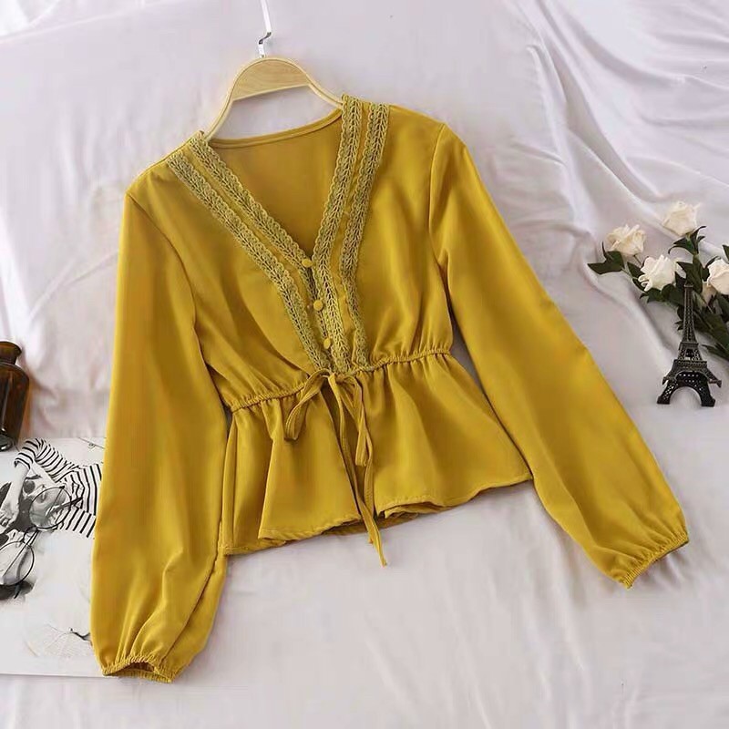 Áo Voan Kiểu Cổ V Phối Ren Đính Nút Tay Dài Cột Nơ Eo Dễ Thương TTSA0705 (TTS0030)