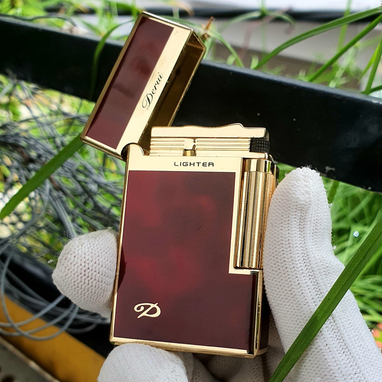 Bật Lửa Gas Đá Derui Đồng Khối Màu Đỏ Sơn Mài Phủ Bóng ( Có Hộp - Tặng Kèm Đá Lửa ) Hộp Quẹt Thích Hợp Làm Quà Sưu Tầm