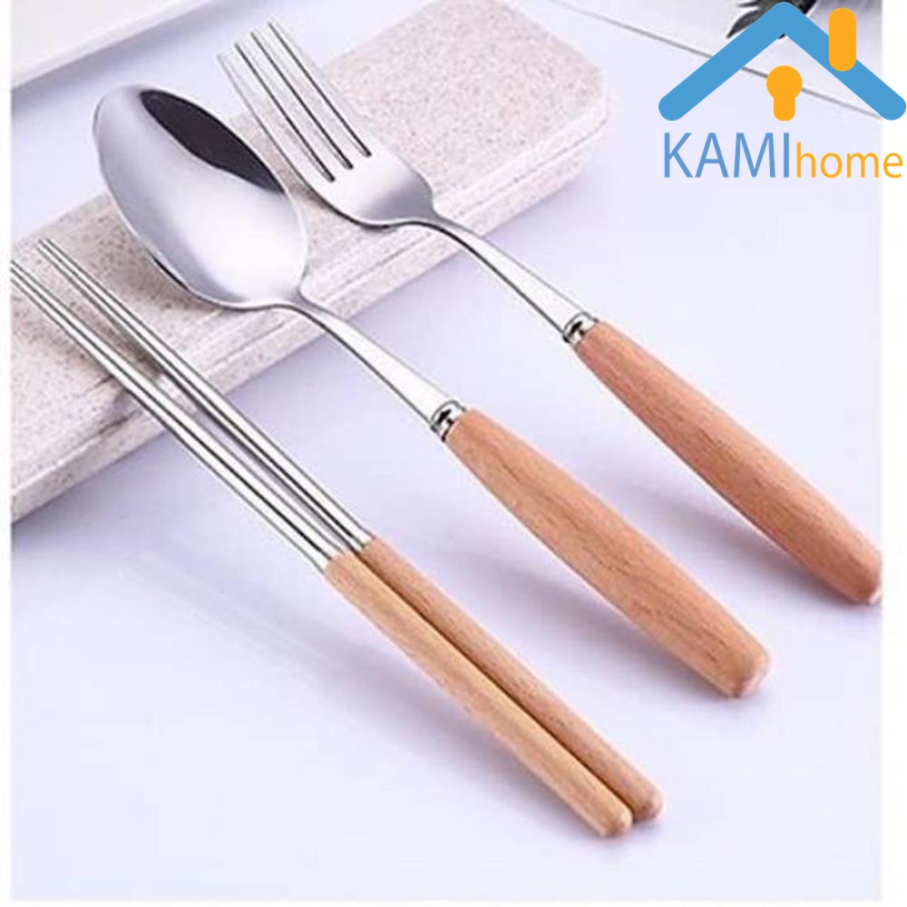 Bộ đũa thìa dĩa Hàn Quốc inox cán gỗ có hộp đựng mã 20072