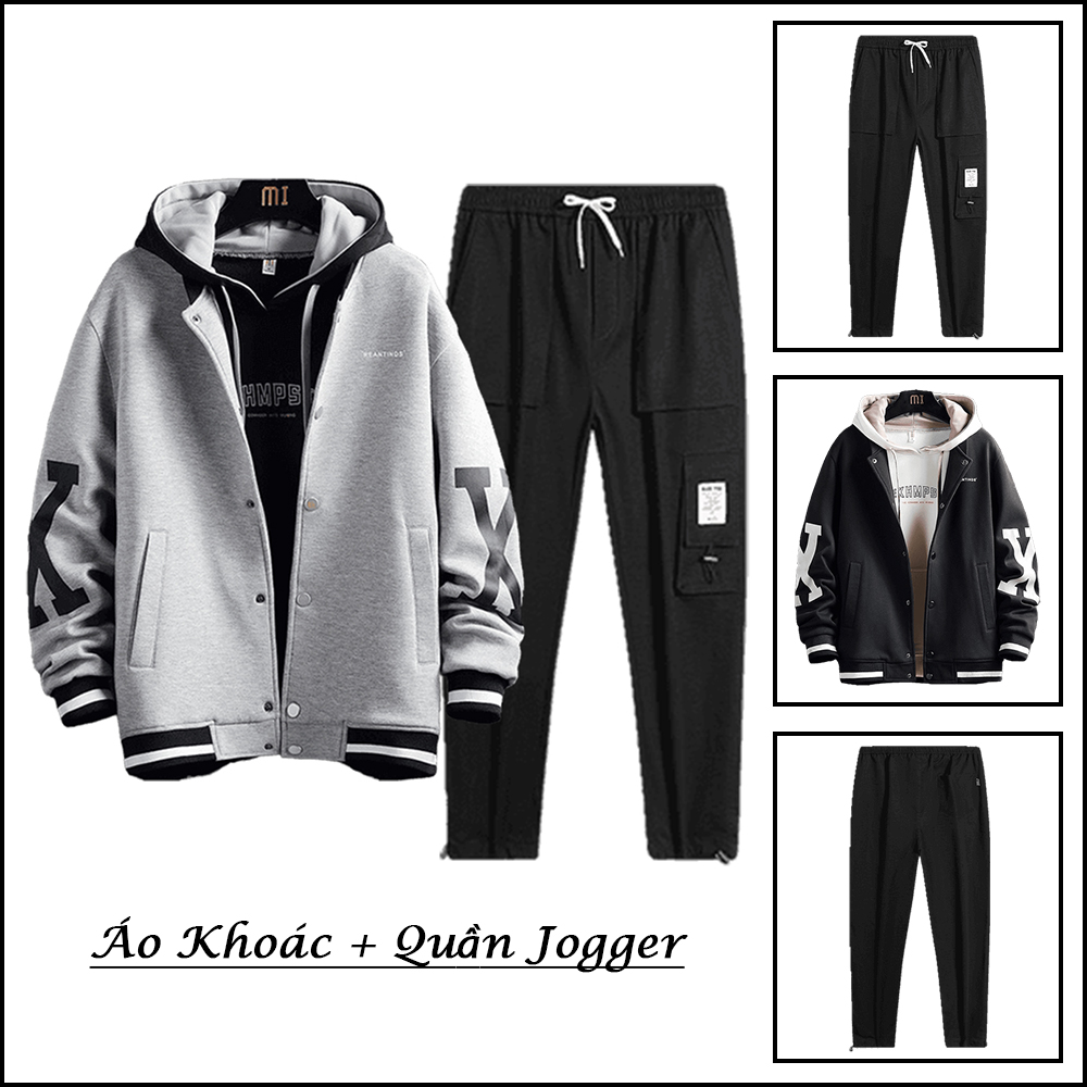 Bộ Đồ Nỉ Nam Áo Khoác Bomber Áo Khoác Nhẹ Chữ K Kết Hợp Quần Jogger Túi Hộp Rút Gấu Năng Động Hot Trend Thời Trang FASHION4MENHN SET NAM 90000177