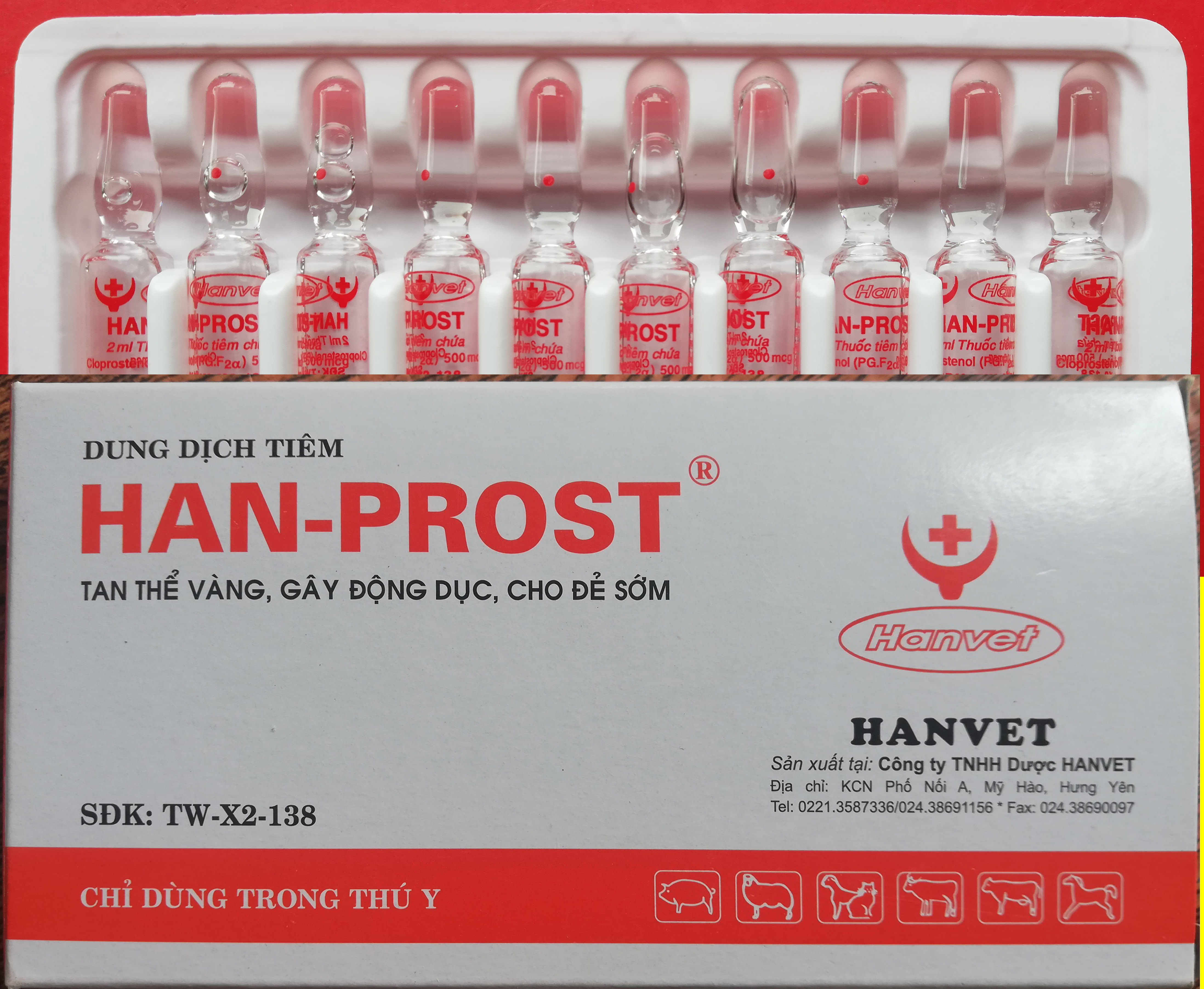 1 ống HAN-PROST 2 ml Tan thể vàng, gây động dục, cho đẻ sớm ở gia súc, dê, cừu, ngựa, lợn, chó , mèo