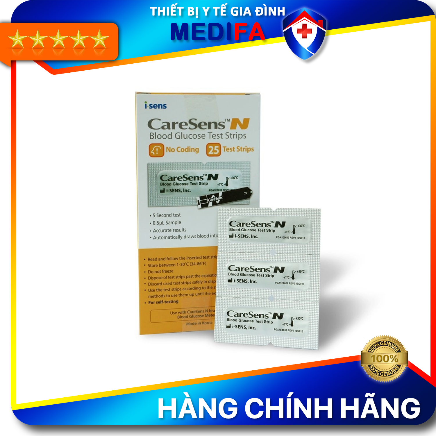 Que thử đường huyết caresens n vỉ 25 que - hàng chính hãng hàn quốc, niêm phong từng que