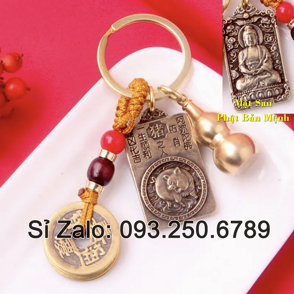 Móc Khóa 12 con Giáp phong thủy bằng đồng thau, mặt sau hình phật Bản Mệnh
