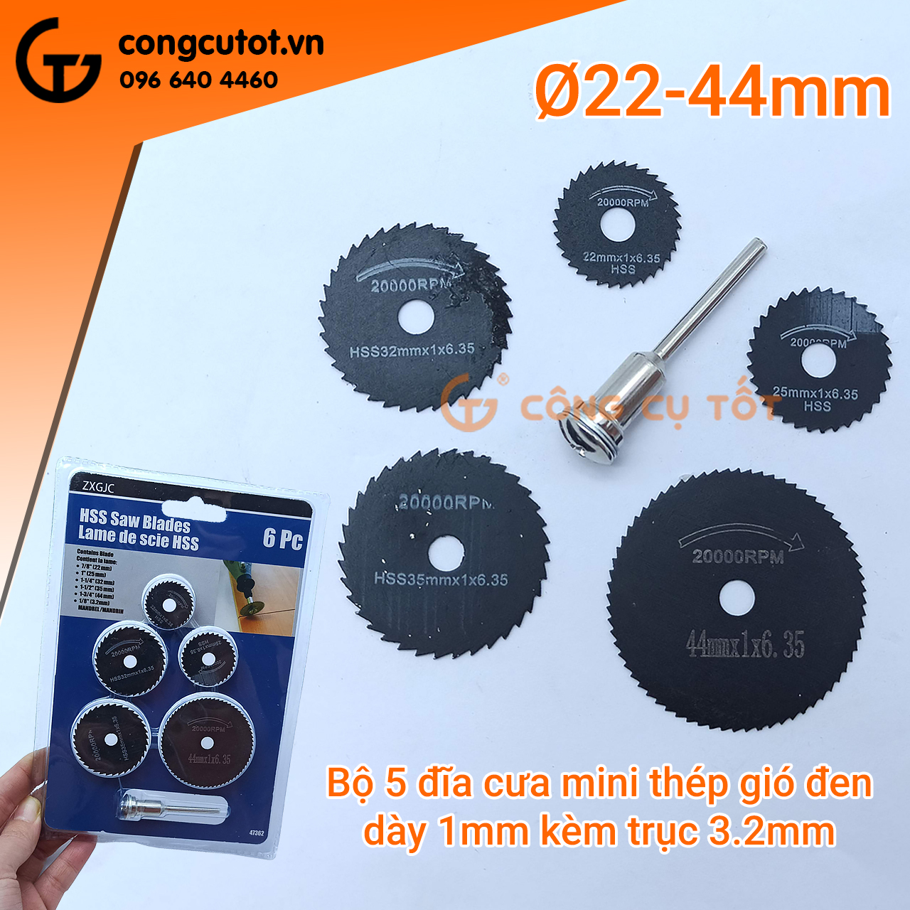 Bộ 5 lưỡi cưa mini 22-44mm trục 3.2mm