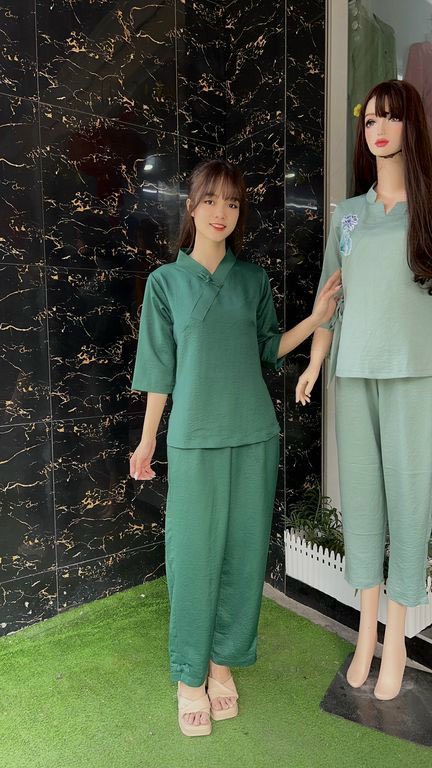 Đồ Lam Đi Chùa #Bộ lụa pháp trơn 1 nút# Quần Áo Nữ
