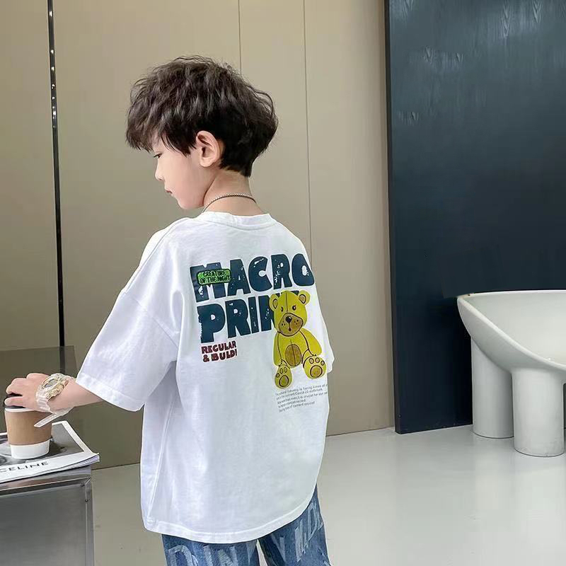 LANBAO áo thun bé trai 10 tuổi tay ngắn trẻ em quần áo bé trai áo thun bé trai hàn quốc gấu tay ngắn hoạt hình áo thun bé trai size đại