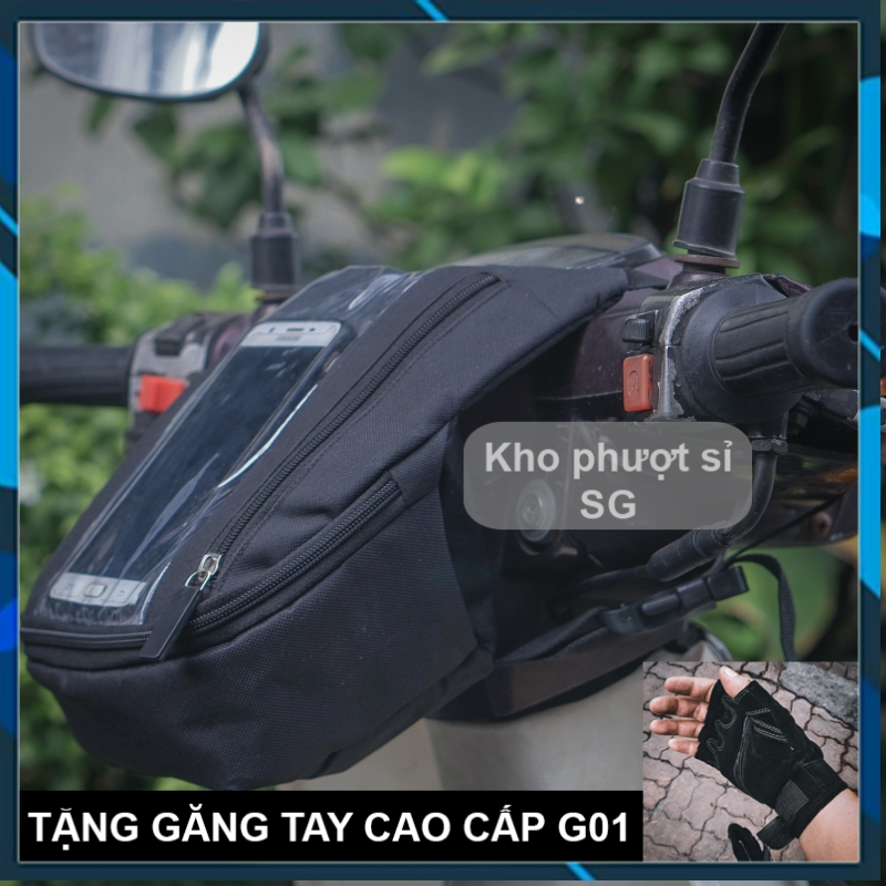 Combo túi treo đầu xe máy đựng điện thoại đứng kèm găng tay xe máy cụt ngón SWAT G01 loại tốt - Túi Grab treo đầu xe máy cảm ứng dạng dọc