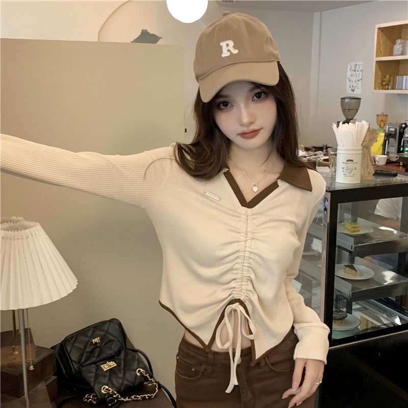 Áo thun gân cá tính cổ bẻ chữ v dài tay phối rút dây giữa ttsla1038