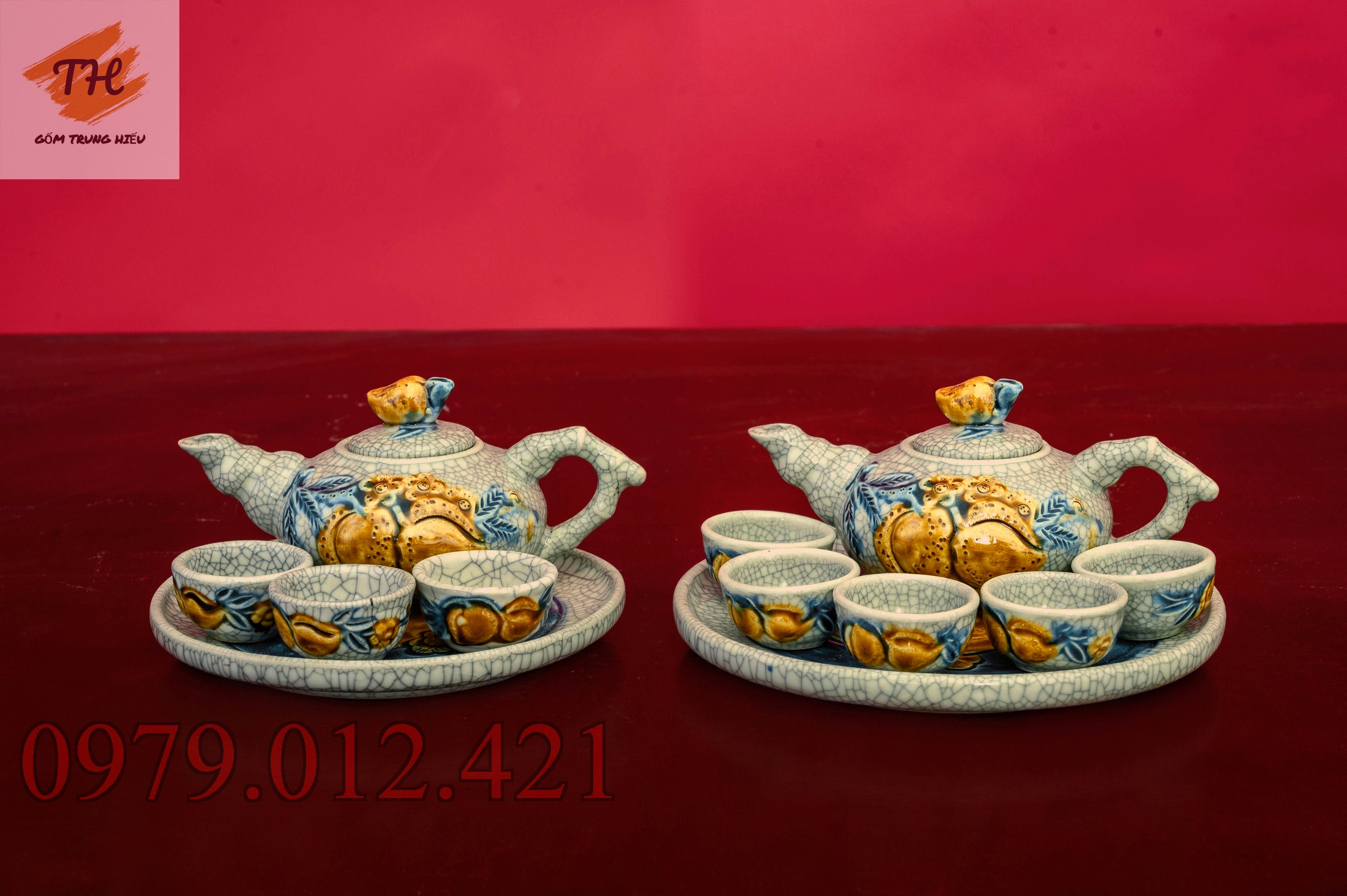 Bộ ấm chén thờ men rạn đắp nổi bát tràng - trung hanh bat trang ceramics