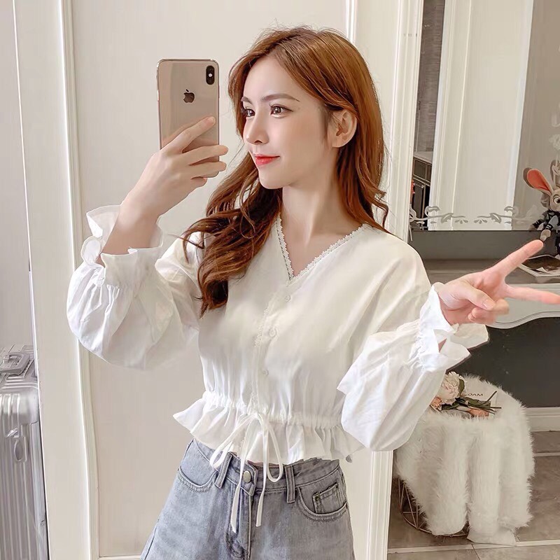[HCM]Áo nữ cổ V dây rút eo tay dài