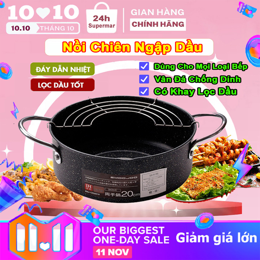 Nồi chiên lọc dầu dùng bếp ga, bếp từ, bếp hồng ngoại, kèm khay ráo dầu, nồi chiên chống dính emoojoo nhật size 20cm, nồi chiên ngập dầu vân đá chống dính, nồi chiên ráo dầu loại bỏ dầu mỡ thừa an toàn cho sức khỏe