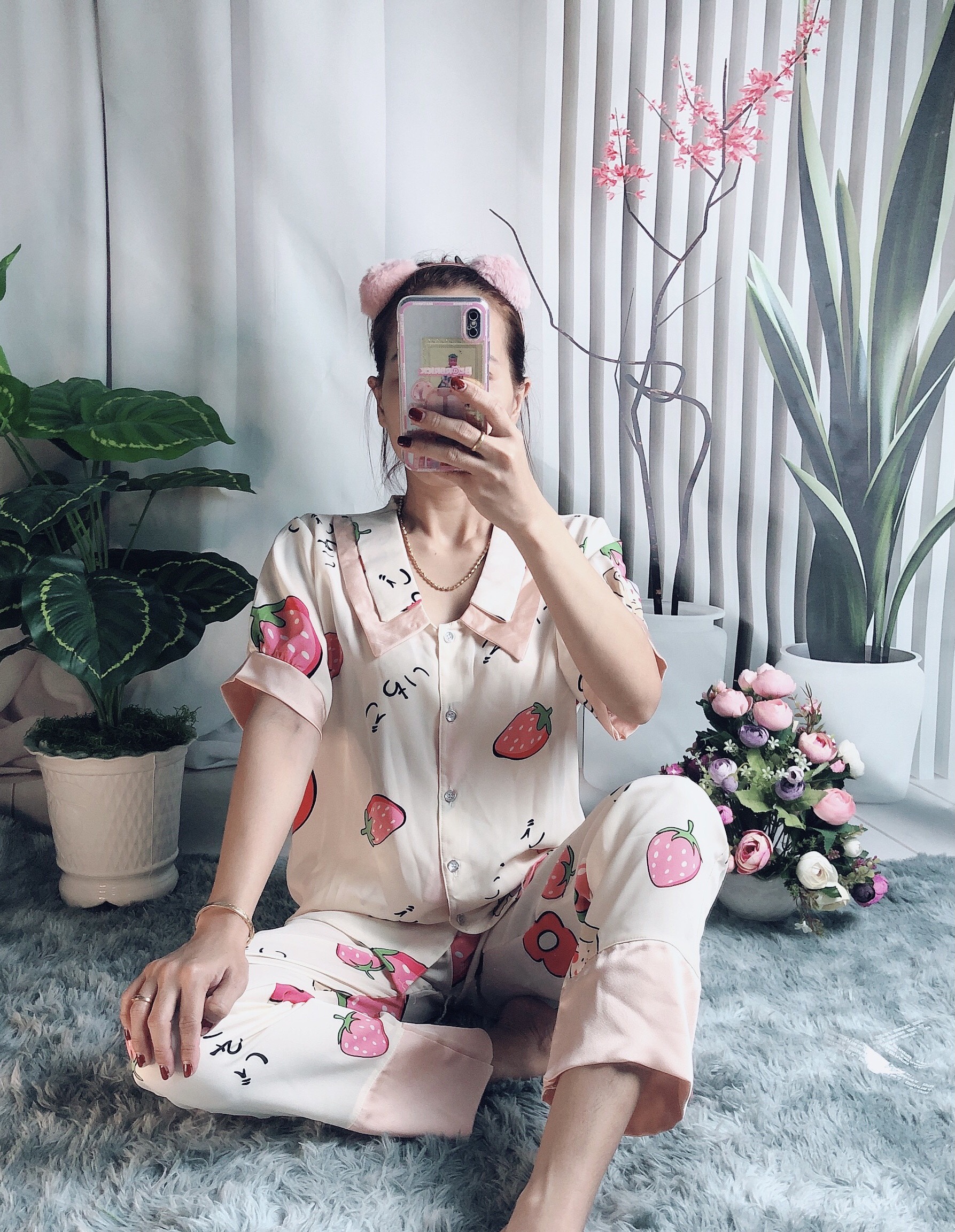 Đồ bộ ngủ Nữ pizama cổ phối vải lụa mango - Hình chụp thật