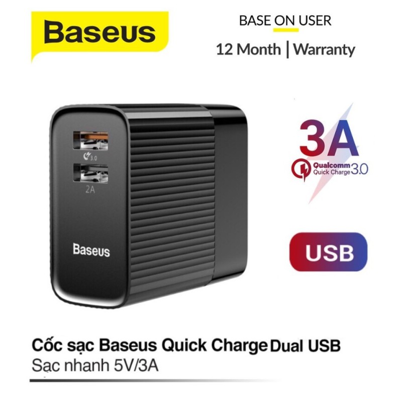 Củ Sạc Nhanh 2 cổng Baseus Transun Series Dual-U xoay 180 độ quick Charge 3A /2.4A - Bảo hành 12 tháng