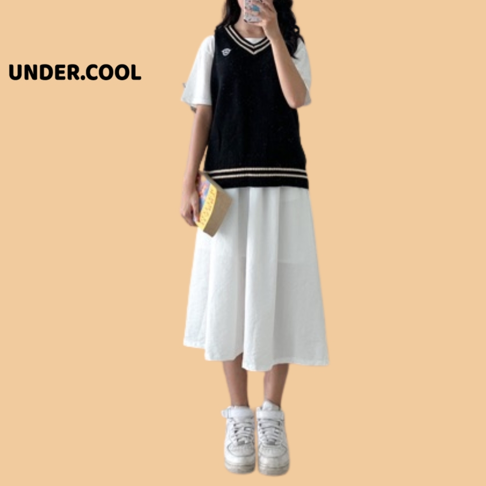 Chân váy thô basic UNDERCOOL xếp li dáng dài vintage đũi xoè
