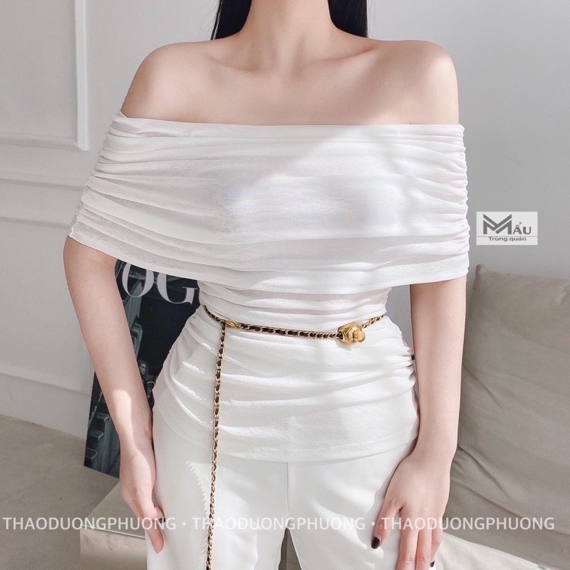 Áo bẹt vai ngắn tay chất thun gân len tăm