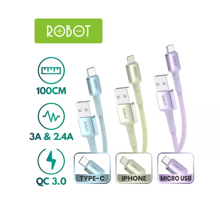 Cáp sạc lightning/ type-c/ micro robot rsl100/ rsc100/ rsm100- chiều dài 1m - cáp sạc iphone ipad samsung xiaomi oppo vivo huawei - chất liệu dây dù chống rối l hàng chính hãng