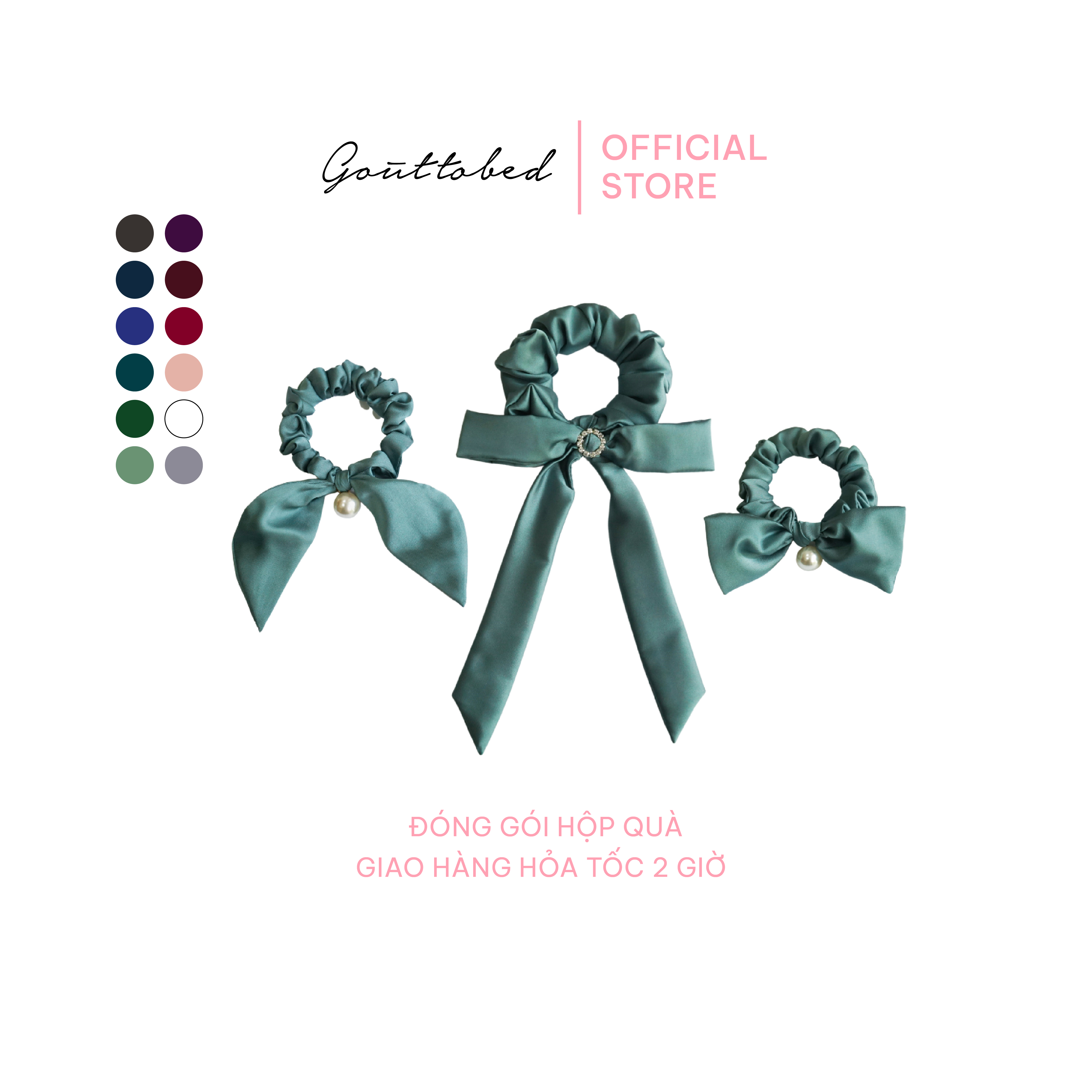 Scrunchies cột tóc nơ đính ngọc trai/đính đá Goûttobed Lụa Satin Silk (nhiều màu)