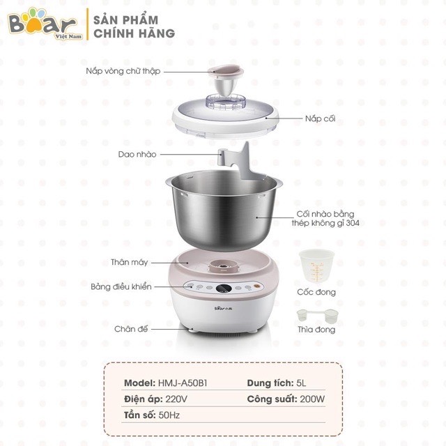 [CHÍNH HÃNG] MÁY TRỘN BỘT NHỒI BỘT LÀM BÁNH CAO CẤP BEAR HMJ A50B1