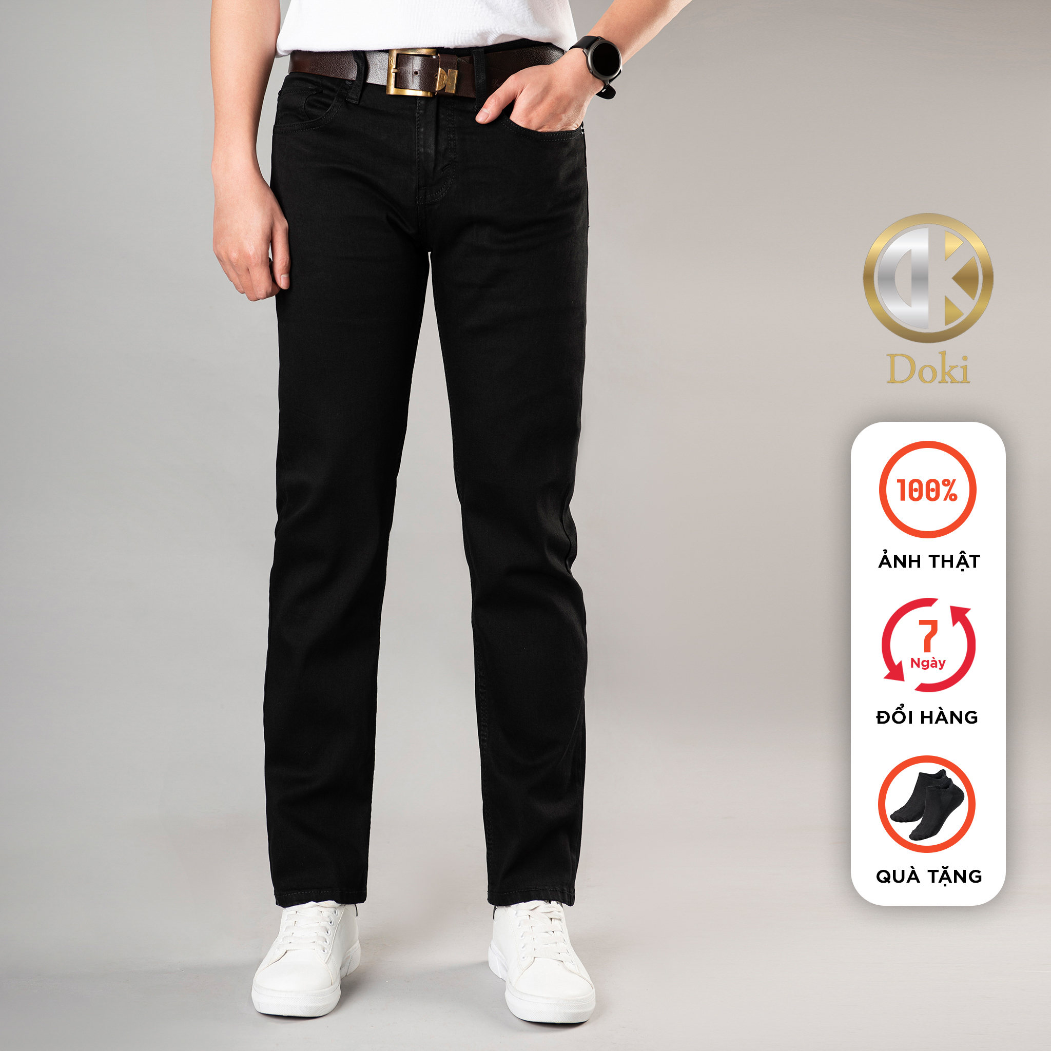 Quần jean nam Slimfit Màu Đen DE-01 Quần bò nam Mẫu trơn, Dáng đứng, Ôm nhẹ, ống 17-18 cm, Chất vải co giãn, thoáng mát, Made in Cambodia - Doki