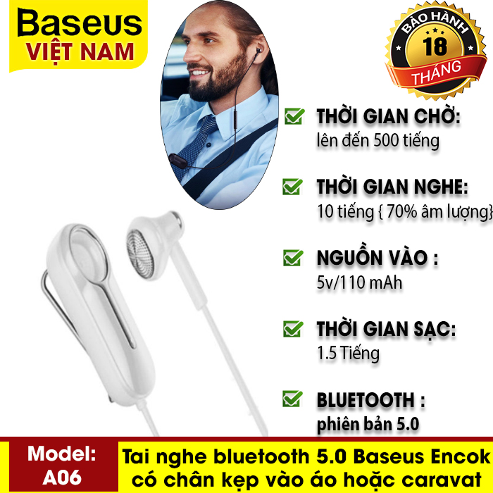 Tai nghe nhét tai bluetooth 5.0 Baseus Encok A06 có chân kẹp vào áo hoặc caravat, có mic cho iPhone Xiaomi - Thương hiệu Baseus - Phân phối bởi Baseus Vietnam